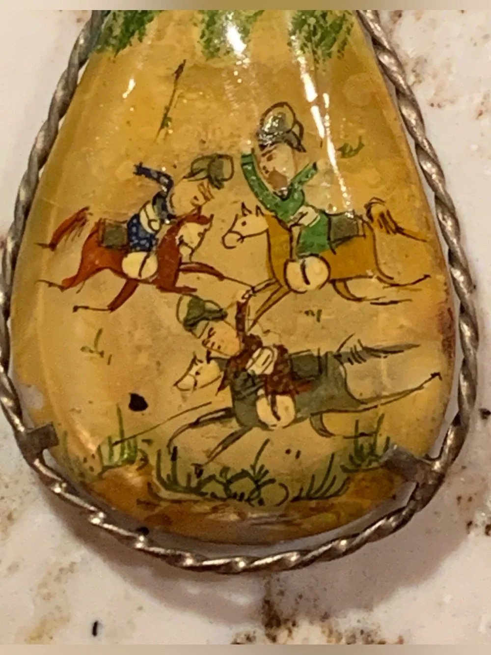 Vintage Hand-Painted Teardrop Pendant Necklace Reversible Bird Floral Horseback